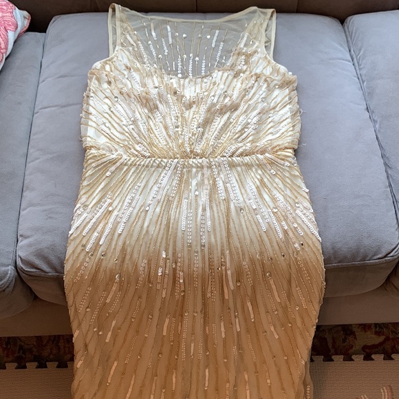 Aidan Mattox Champagne Gold Sunburst Illusion Neckline Gown Dress - Picture 8 of 14